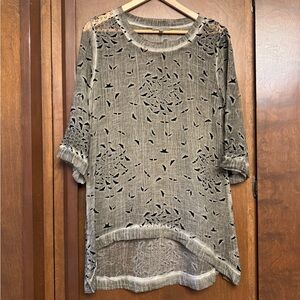 Yauvan Women’s Sheer Burnout Bird Motif Tunic Blouse M Medium